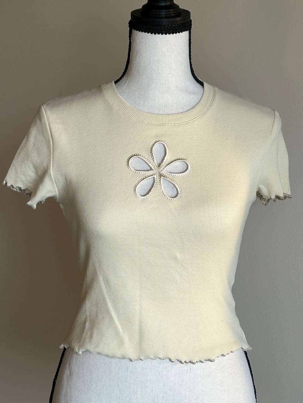 aLAB Cream Floral Cutout Ribbed Baby Tee Y2K Coquette